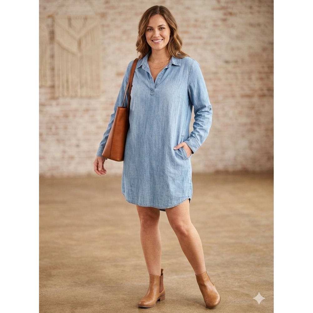 Velvet‎ Heart Blue Denim Tencel Shift Dress Roll Tab Sleeve Medium